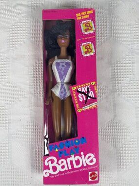 Fashion Play Barbie Doll Mattel Vintage 1990 Brunette In Purple Dress 5953 NIB